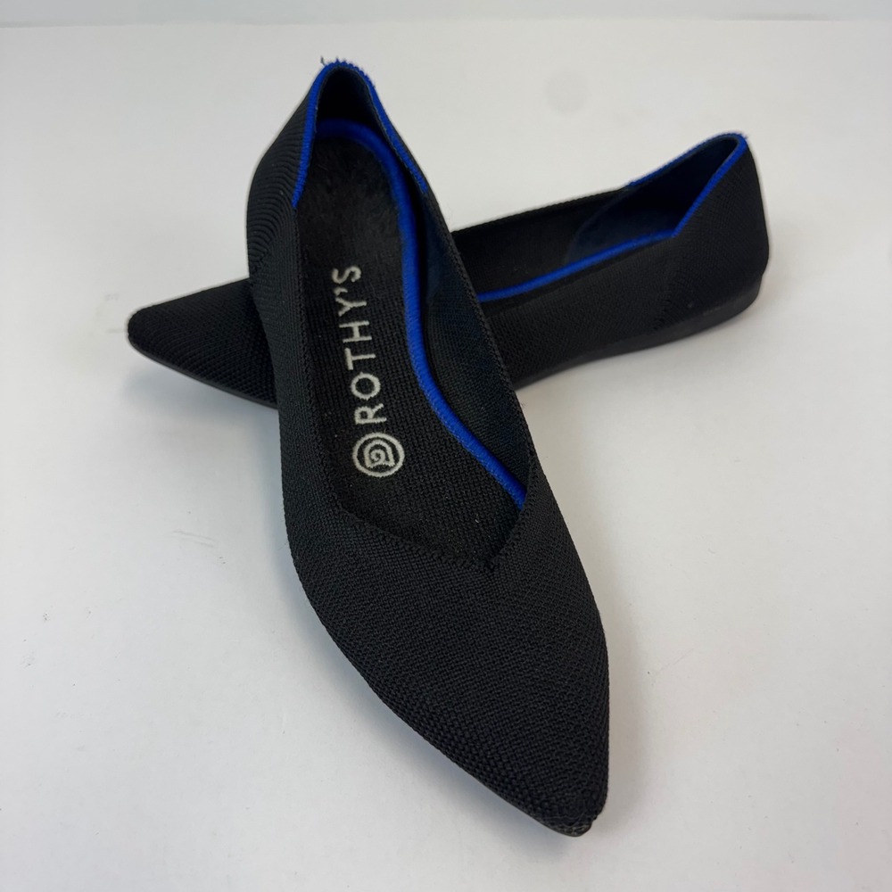 Rothys The Point Black Pointed Toe Knit Flats Women Size 6 Signature Blue Halo